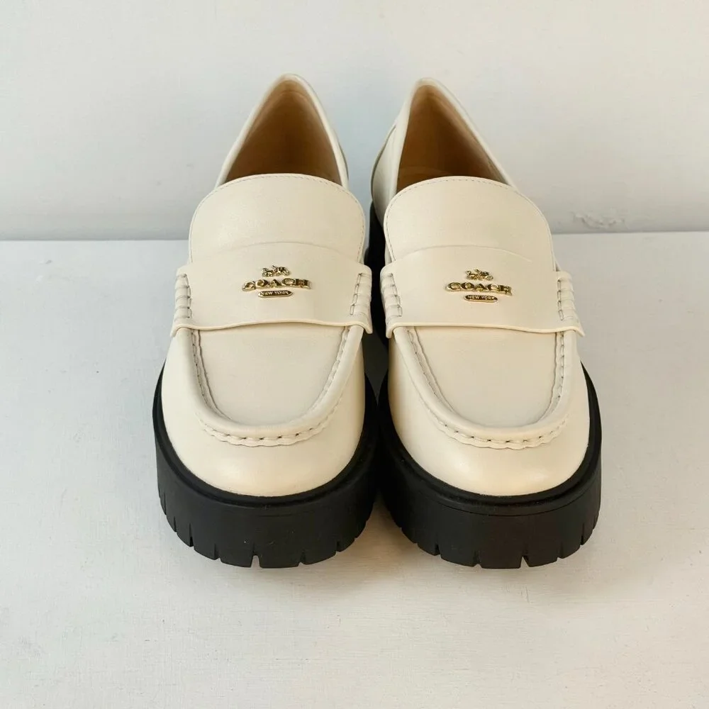 Women's 8.5 -COACH Ruthie Platform Loafer Chalk Leather Slip on with Logo Accent